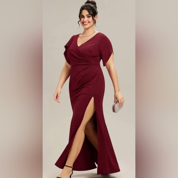 Ever Pretty Dresses & Skirts - Burgundy V-Neck Maxi Dress, Tulip Sleeves, Adjustable Side Slit Sz 16